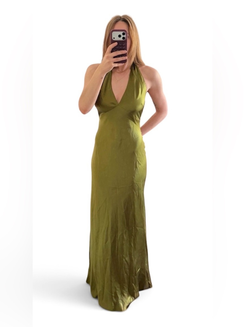 Reformation Daniela Silk Maxi Dress Pear Green Halter Open Back Size 10